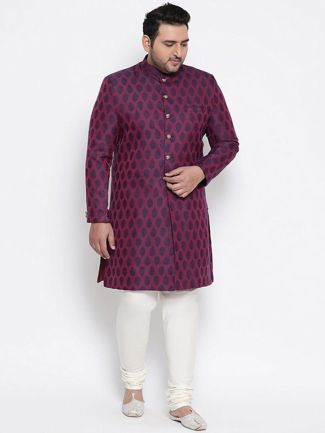 kisah plus men purple & white plus printed sherwani set