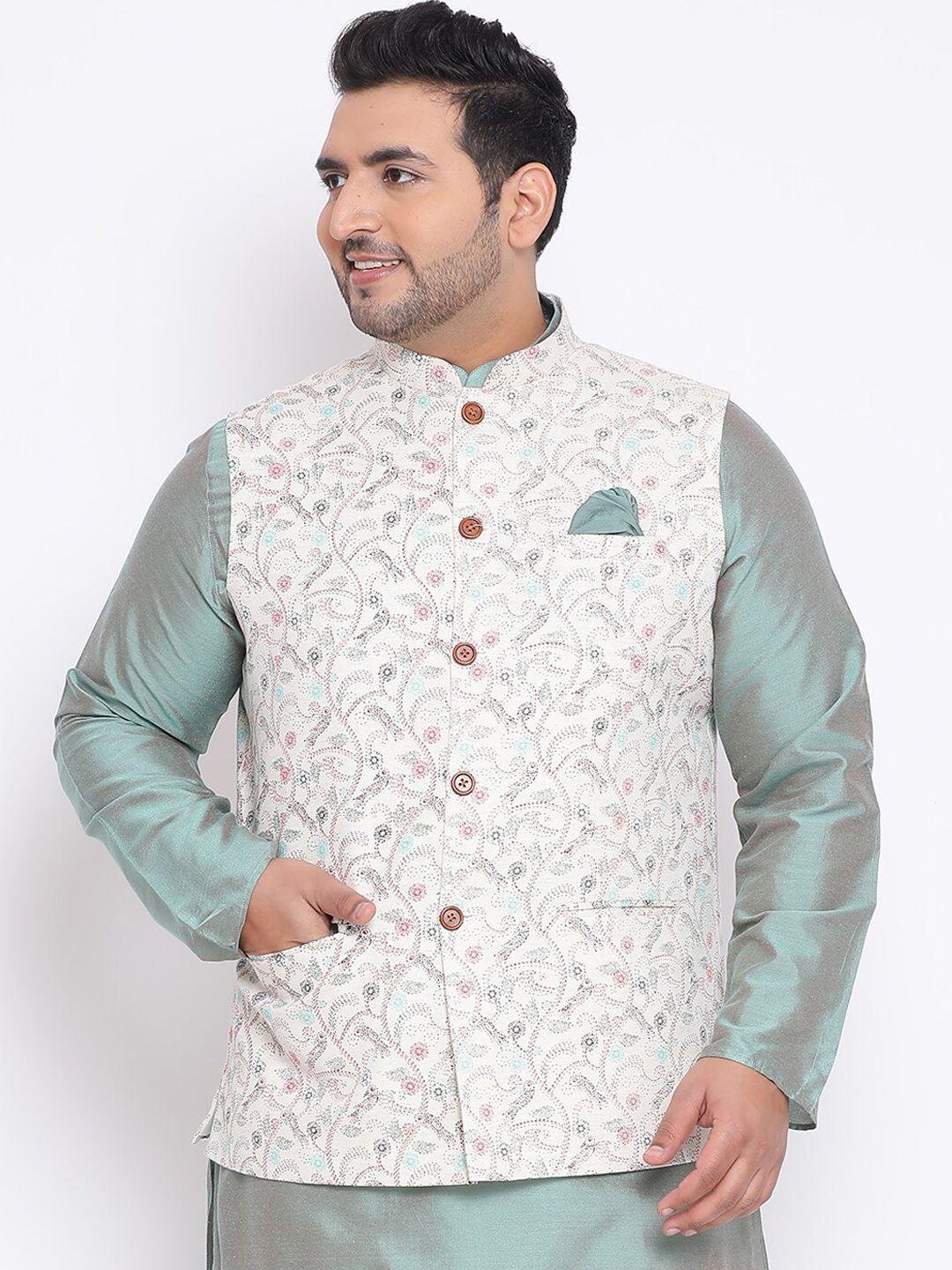 kisah plus men white & blue printed woven nehru jacket