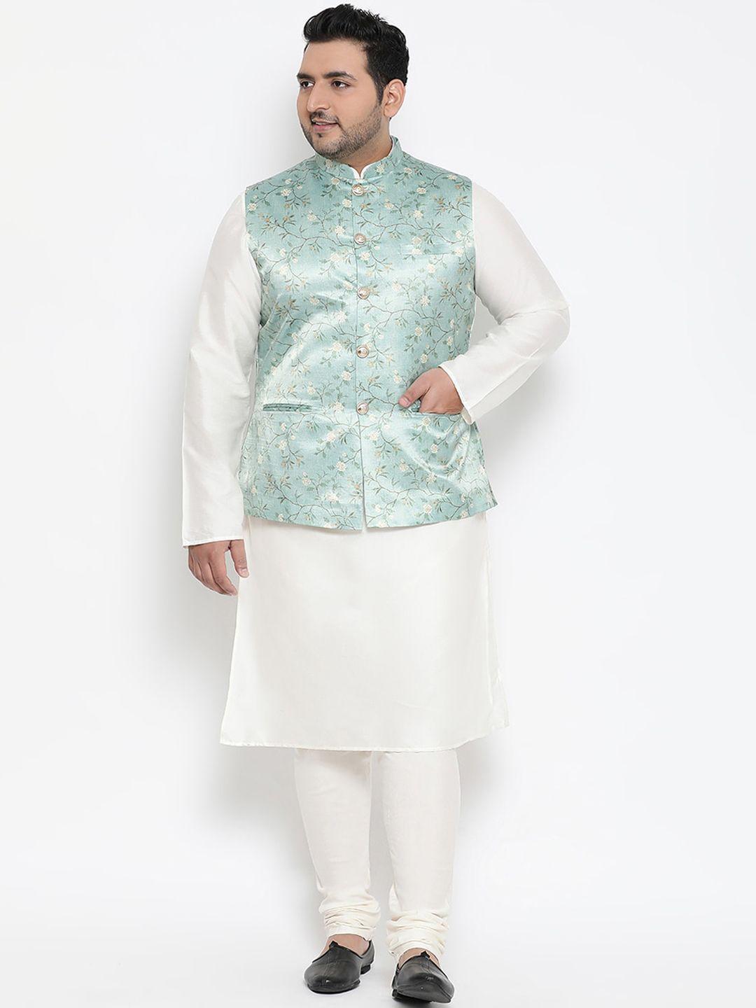 kisah plus men white & green solid kurta with pyjamas & jacket