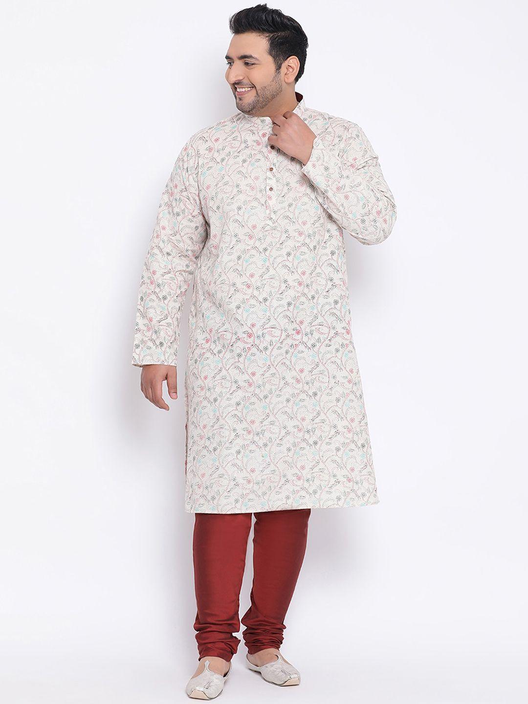 kisah plus men white & grey printed straight kurta