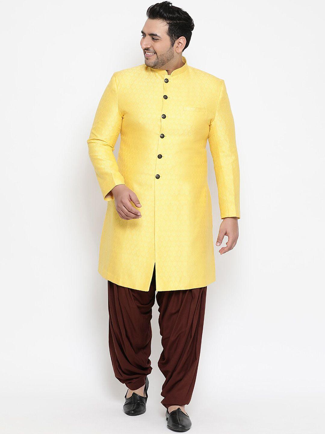 kisah plus men yellow & brown printed plus sherwani with dhoti pants