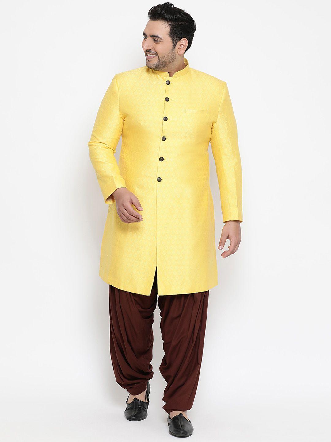 kisah plus men yellow & brown woven design sherwani