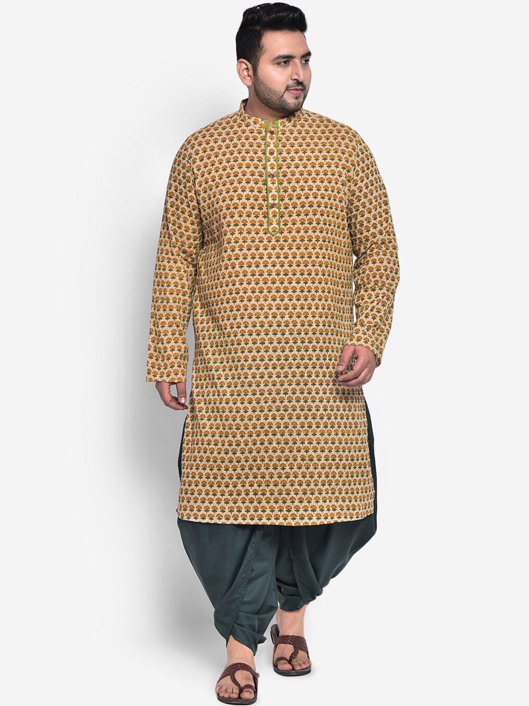 kisah plus size men yellow & green ethnic motifs printed kurta