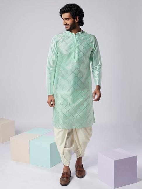 kisah sea green & off white regular fit embellished kurta & dhoti set