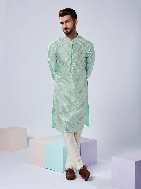 kisah sea green & off white regular fit embellished kurta & pants set