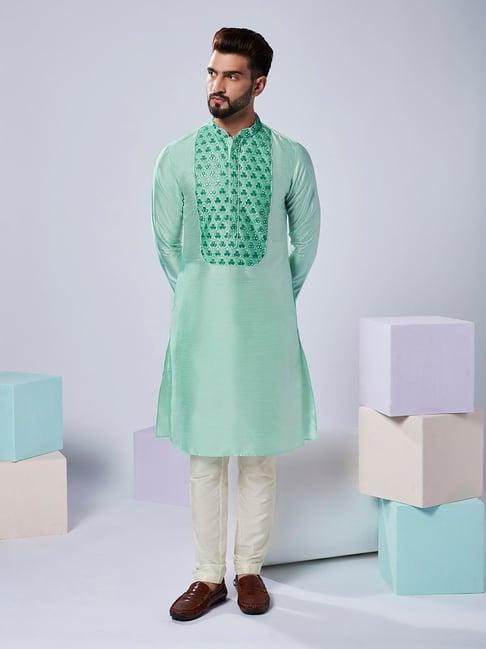 kisah sea green & off white regular fit embellished kurta & pants set