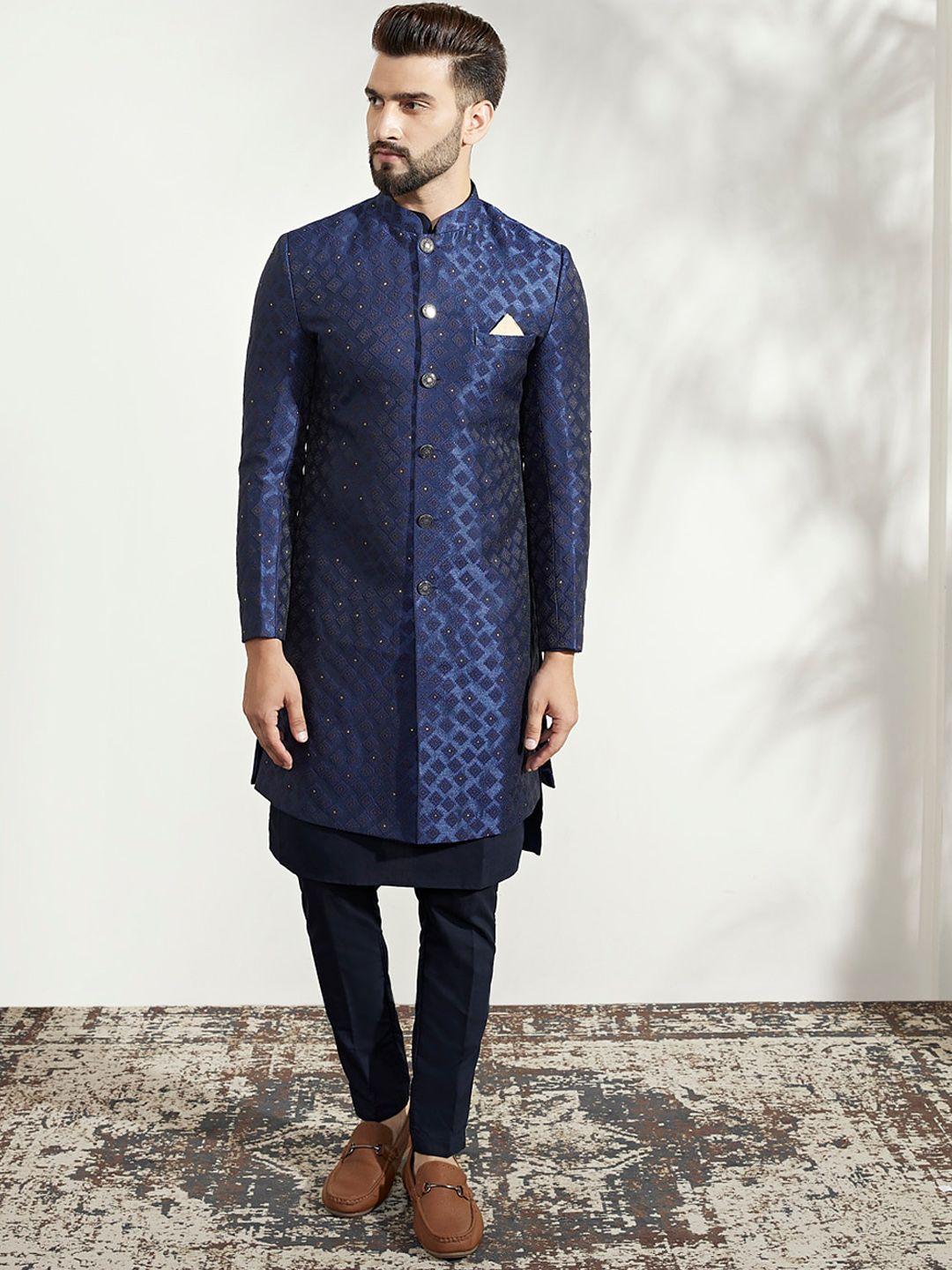 kisah self-design khari print kurta with sherwani & trouser