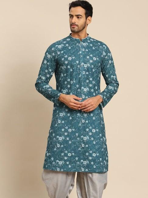 kisah turquiose blue cotton regular fit floral print kurta