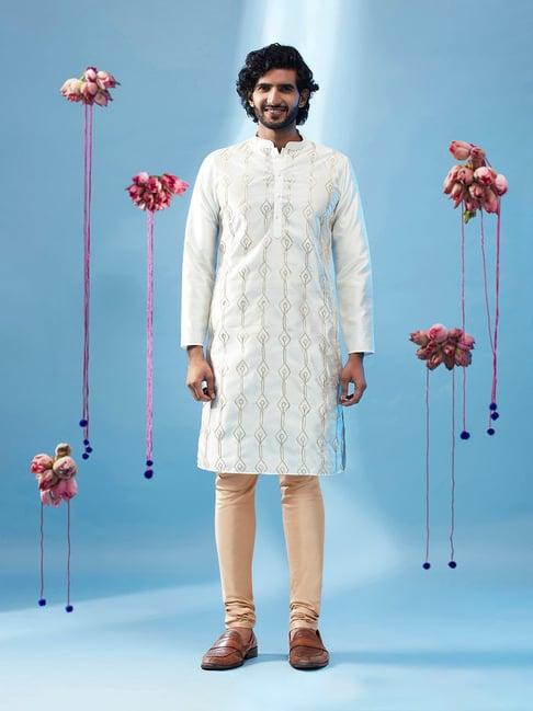 kisah white & beige regular fit embellished kurta & churidar set