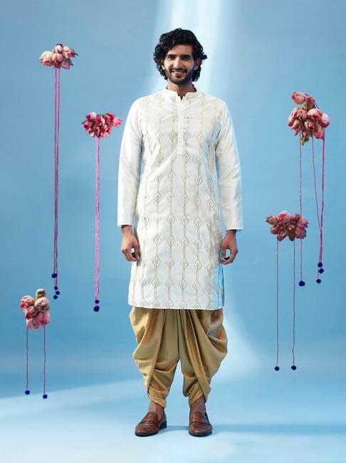 kisah white & beige regular fit embellished kurta & dhoti set