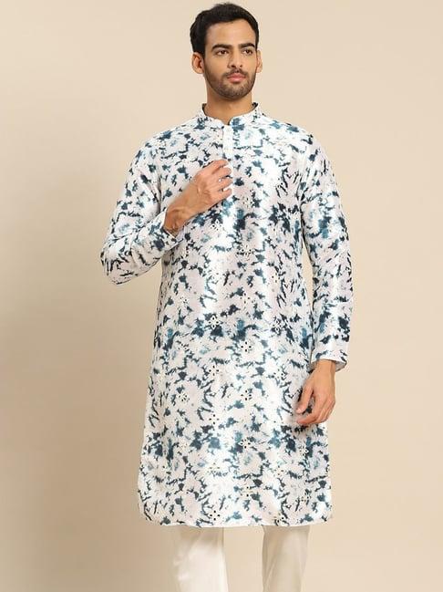 kisah white & green cotton regular fit printed kurta