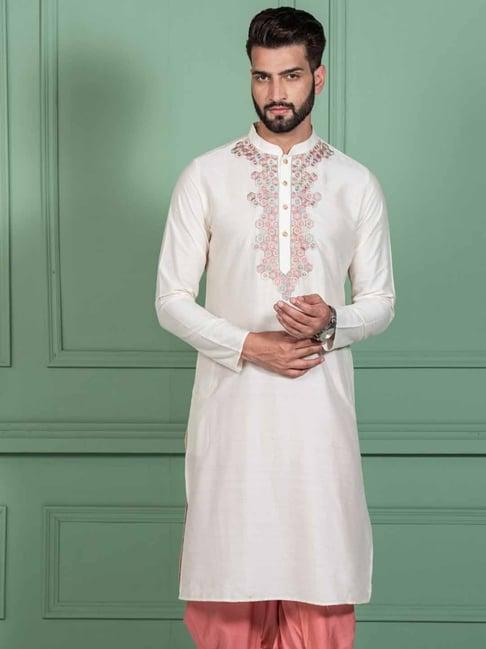 kisah white cotton regular fit embellished kurta