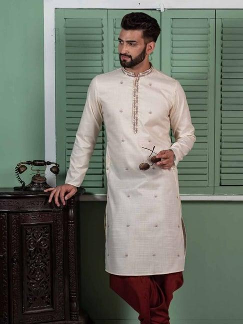 kisah white cotton regular fit embellished kurta