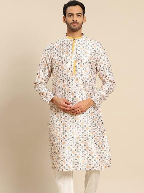 kisah white cotton regular fit floral print kurta