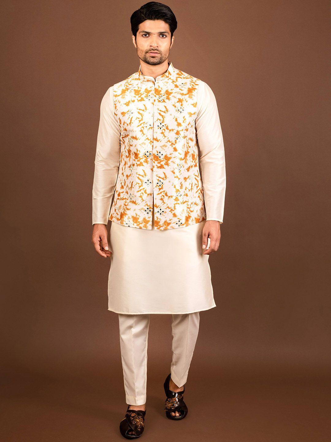 kisah white mandarin collar straight kurta & trousers with nehru jacket