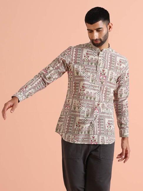 kisah white regular fit floral print short kurta