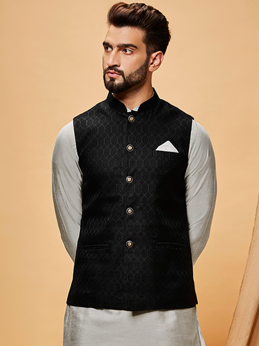kisah woven design nehru jacket with pocket square