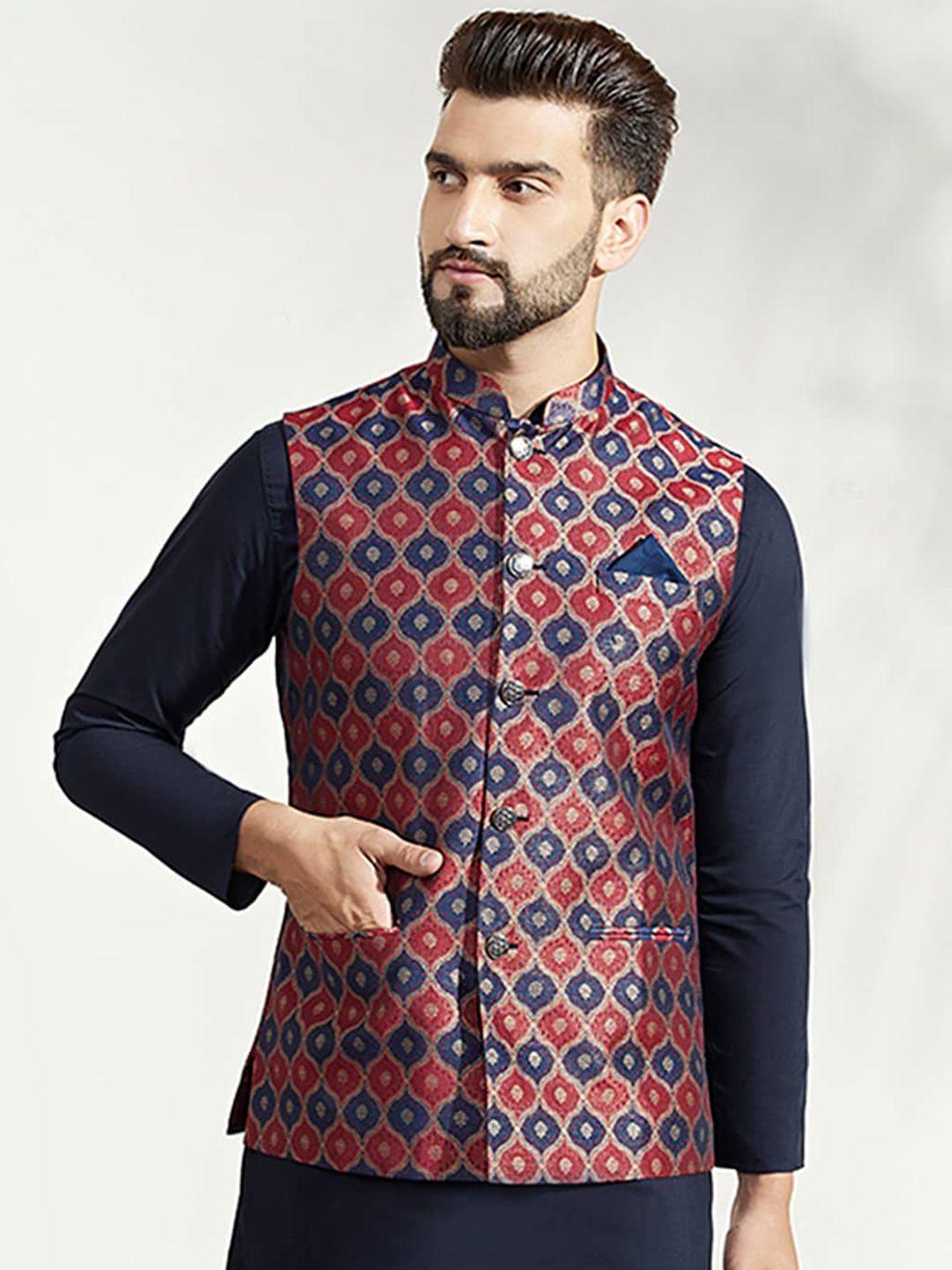 kisah woven design nehru jacket with pocket square