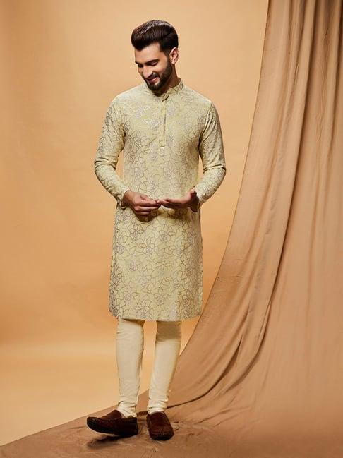 kisah yellow & beige regular fit self design kurta & churidar set