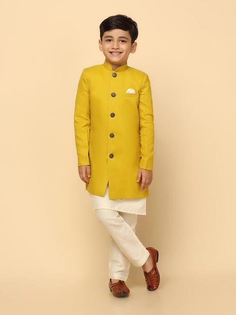 kisah yellow & cream solid full sleeves kurta, sherwani with pyjamas