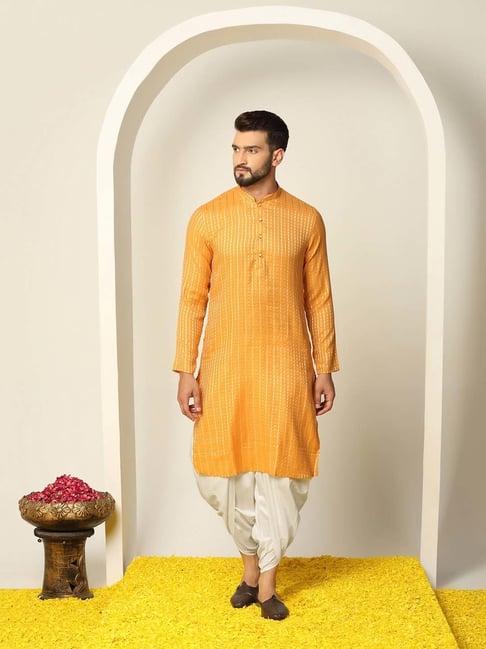 kisah yellow & off white regular fit self design kurta & dhoti set