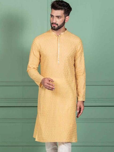 kisah yellow cotton regular fit embellished kurta