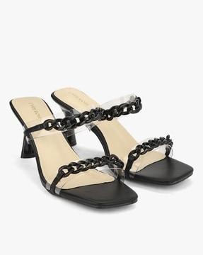 kitten heeled sandals with chain accent