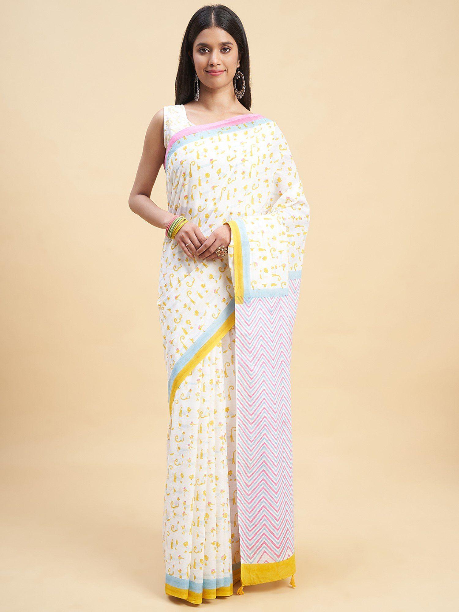 kittens white handblock print mul cotton saree with unstitched blouse