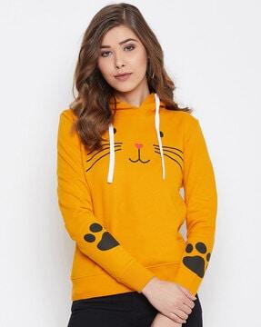 kitty print hoodie with ribbed hemline