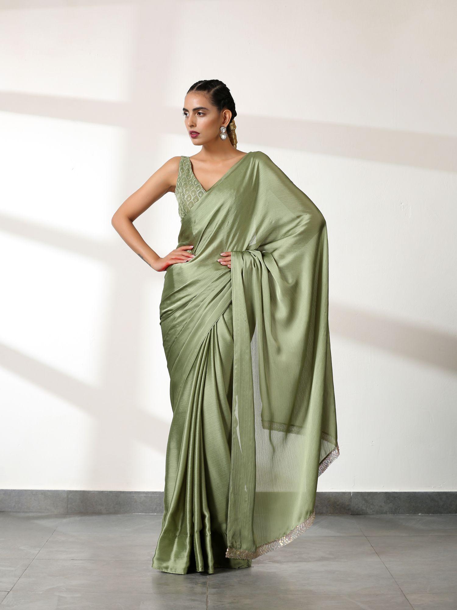 kiwi green butter chiffon saree with embroidered with unstitched blouse