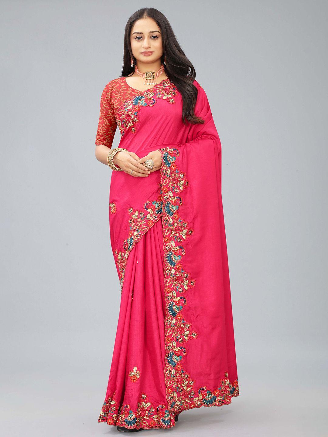 kiwie pink embroidered art silk heavy work saree