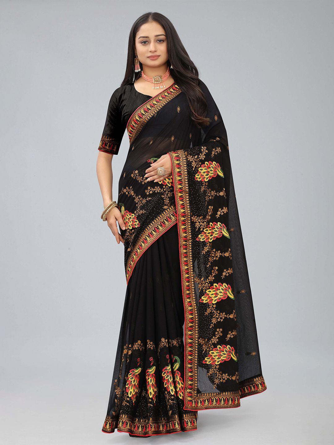 kiwie black beads and stones poly chiffon heavy work saree