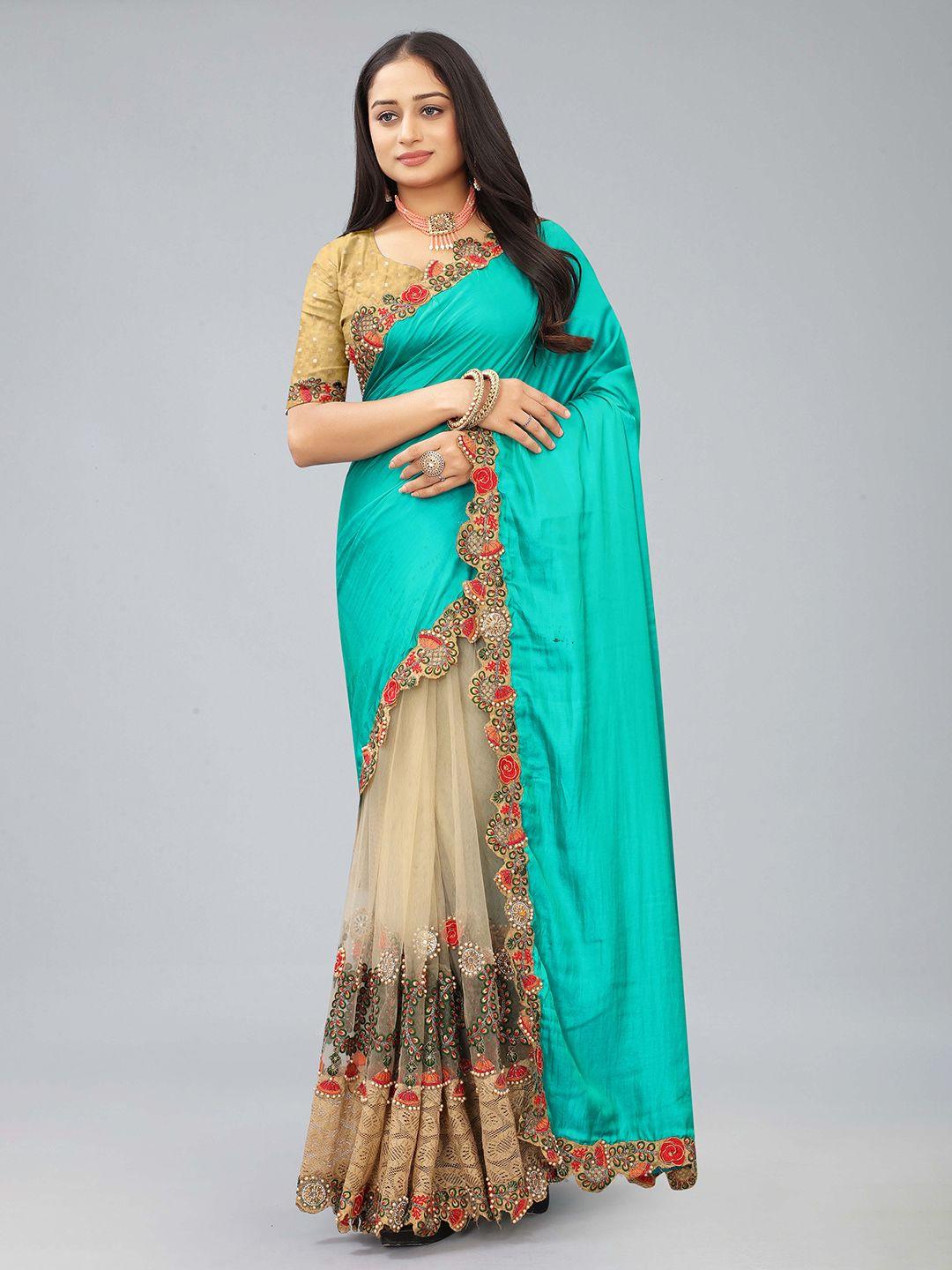 kiwie blue & beige embroidered net half and half saree