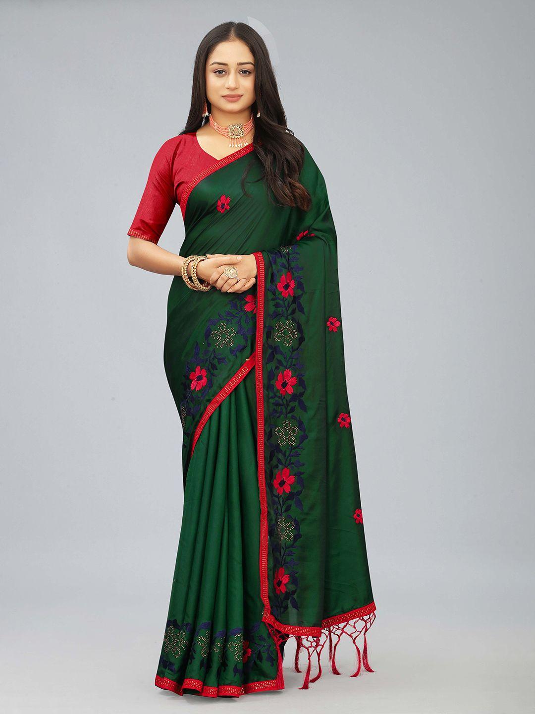 kiwie green beads and stones satin heavy work saree