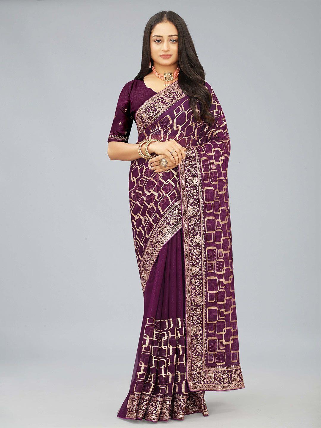 kiwie lavender beads and stones poly chiffon heavy work saree