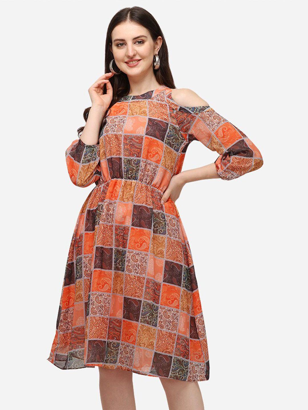 kiwie multicoloured checked bell sleeve georgette fit & flare dress