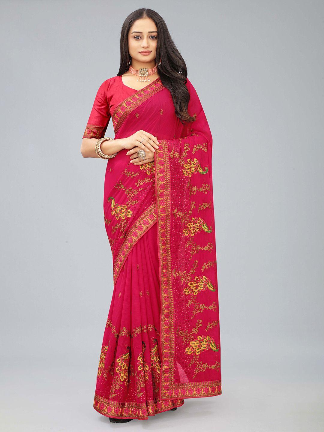 kiwie pink beads and stones poly chiffon heavy work saree