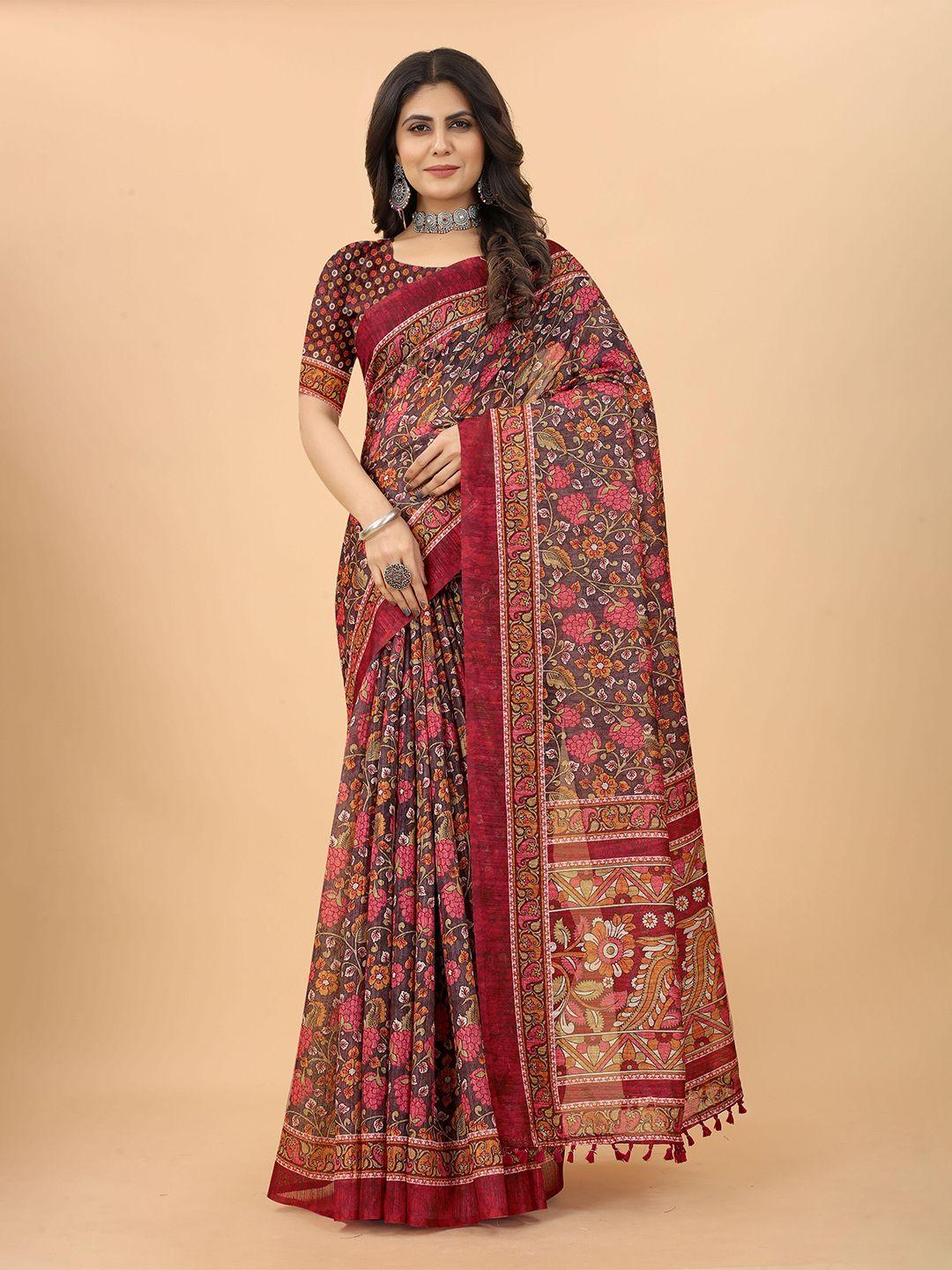 kiwie red & pink floral linen blend saree