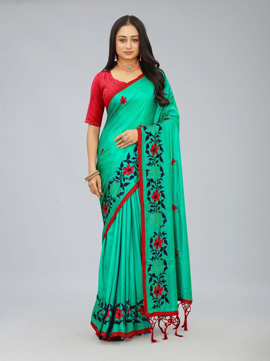 kiwie sea green beads and stones satin heavy work saree