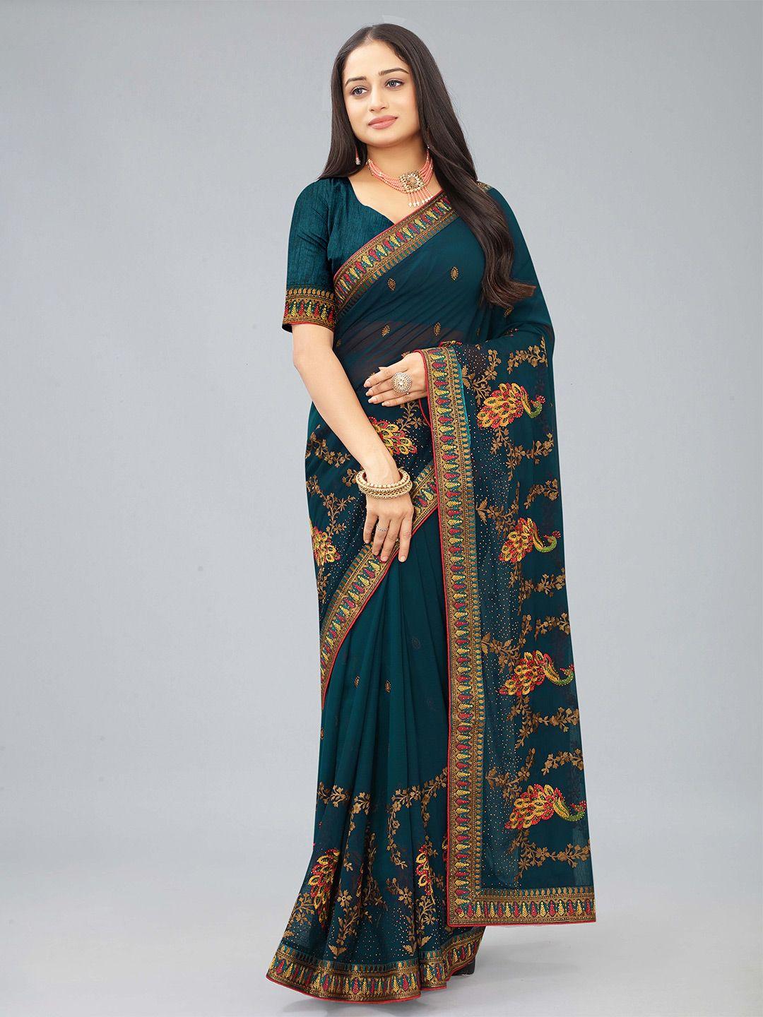 kiwie teal beads and stones poly chiffon heavy work saree