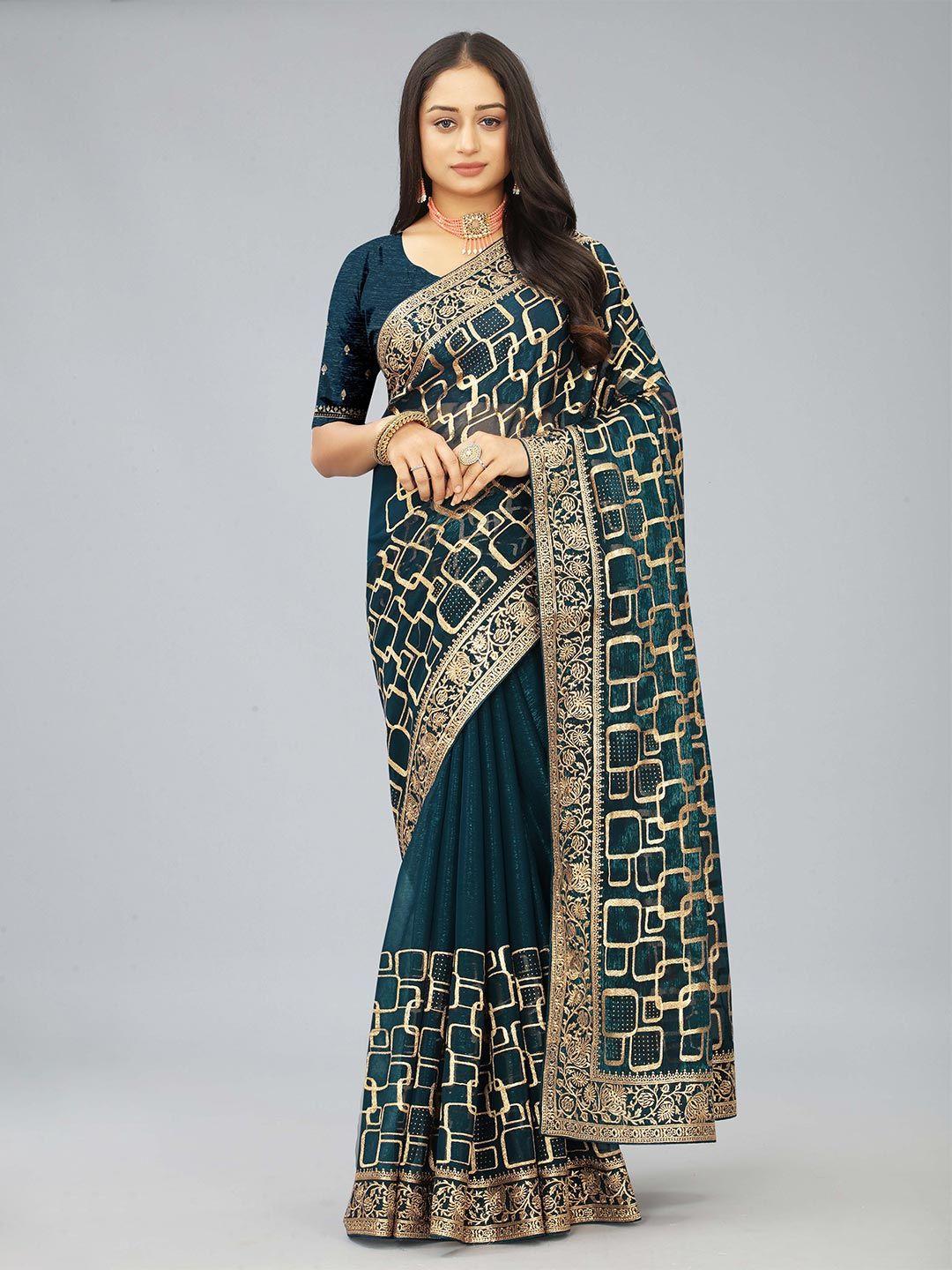 kiwie teal beads and stones poly chiffon heavy work saree