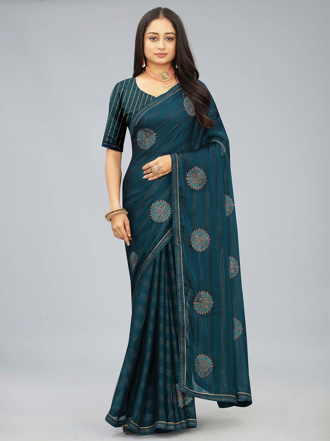 kiwie teal beads and stones poly chiffon heavy work saree