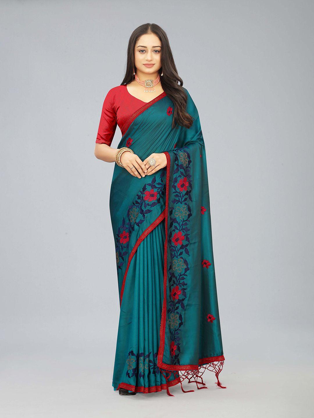 kiwie teal beads and stones satin heavy work saree