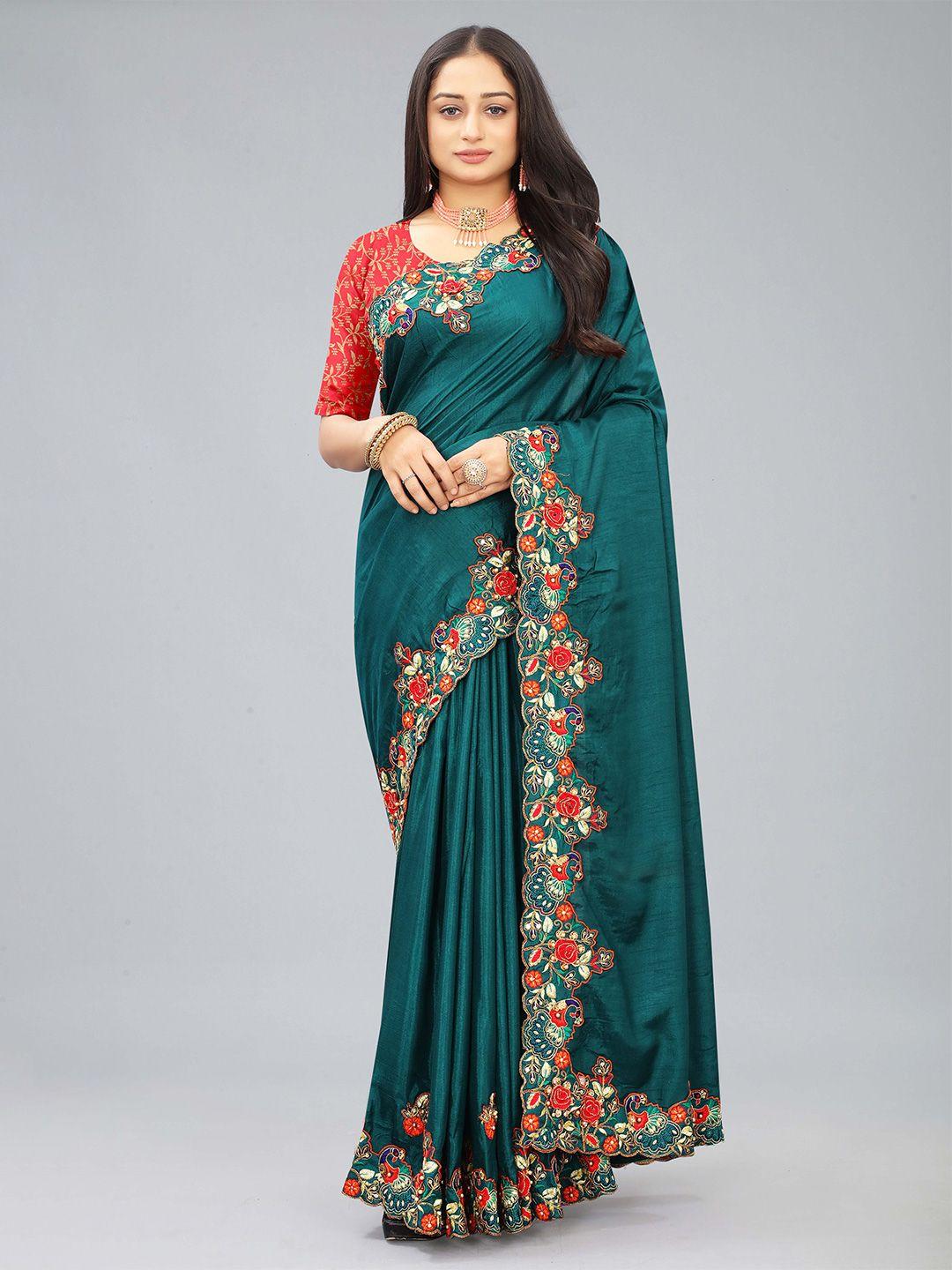 kiwie teal embroidered art silk heavy work saree