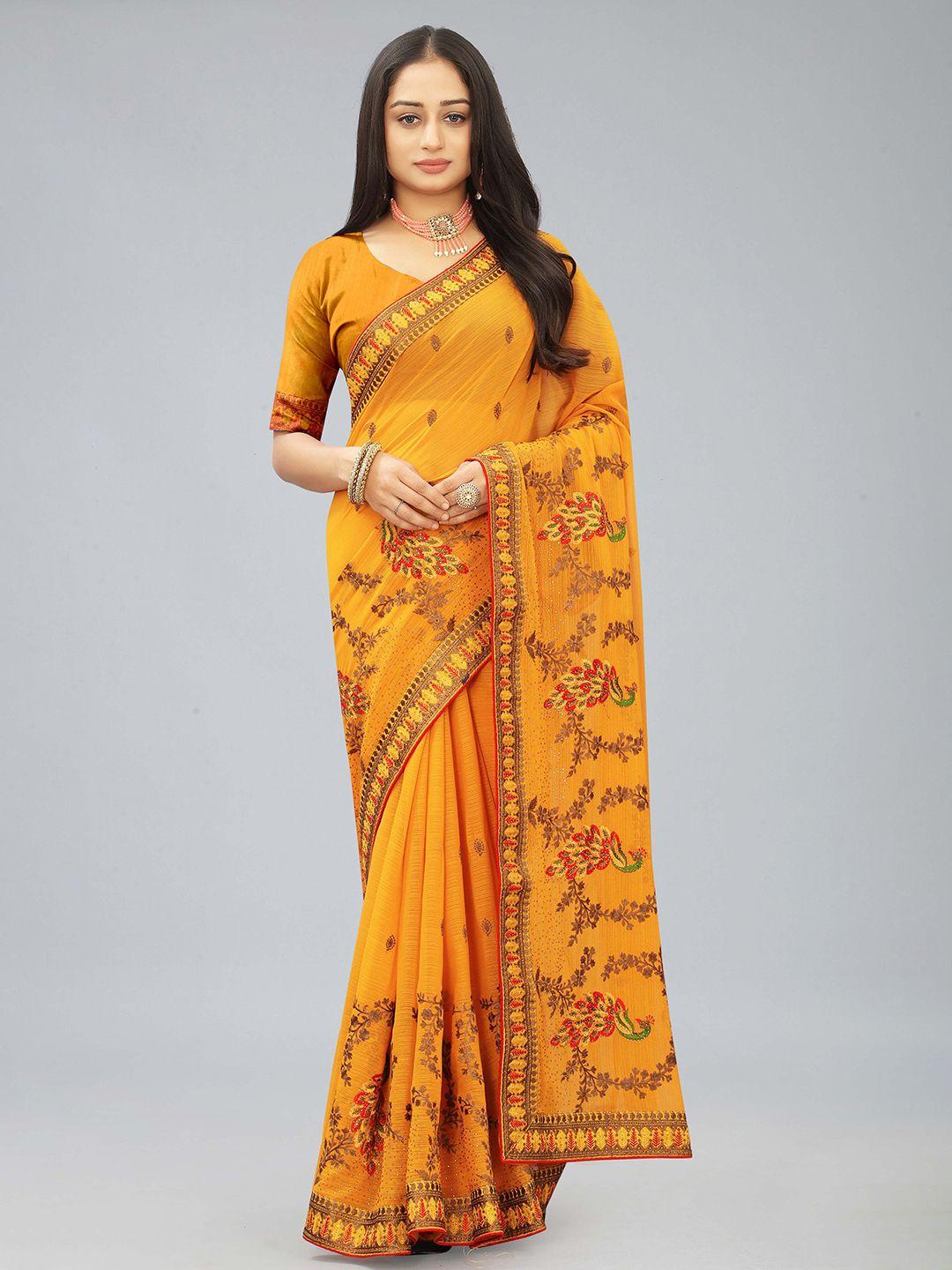 kiwie yellow beads and stones poly chiffon heavy work saree