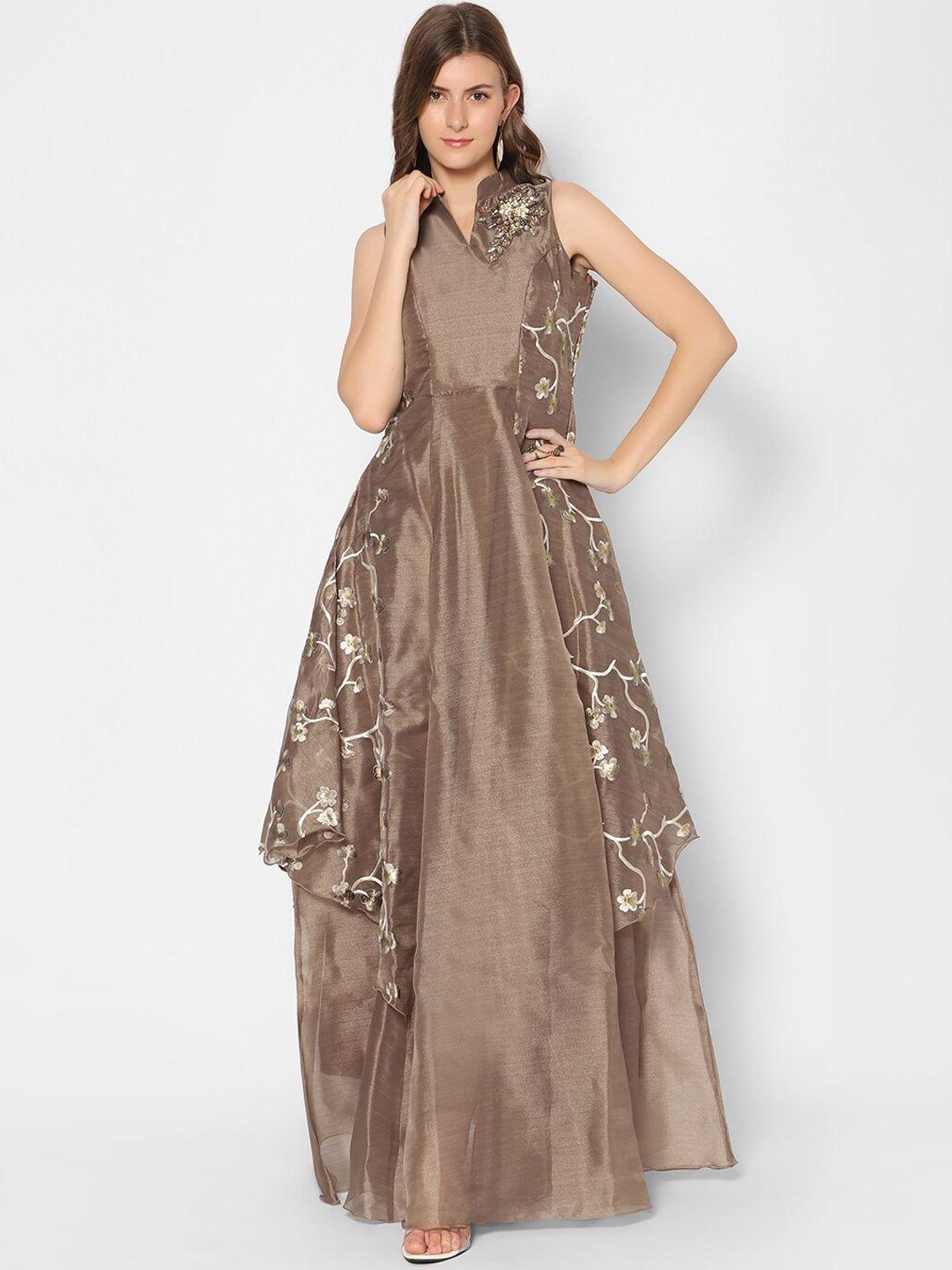 kiya brown floral embroidered beads detail gown