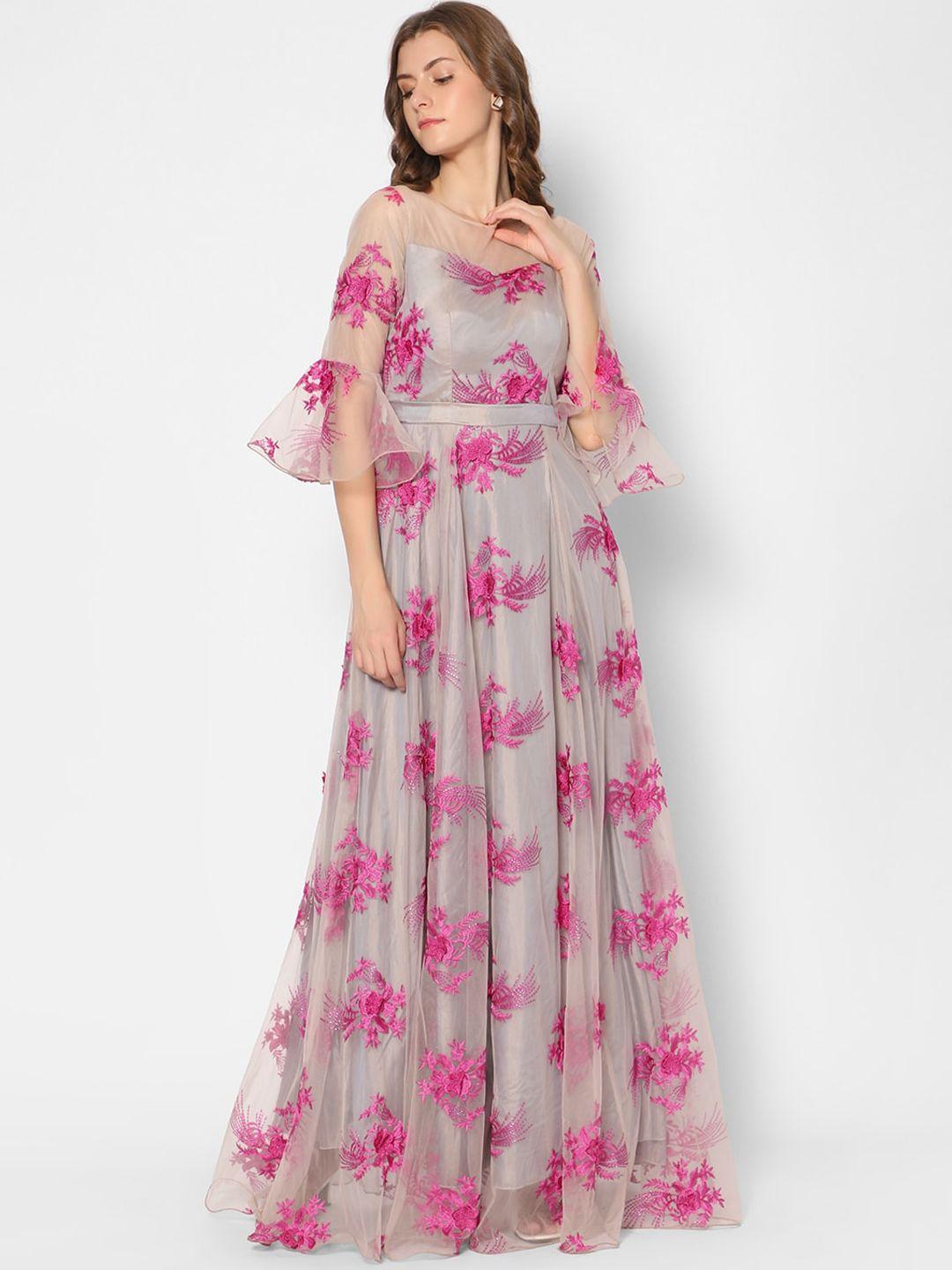 kiya grey & pink floral embroidered dress