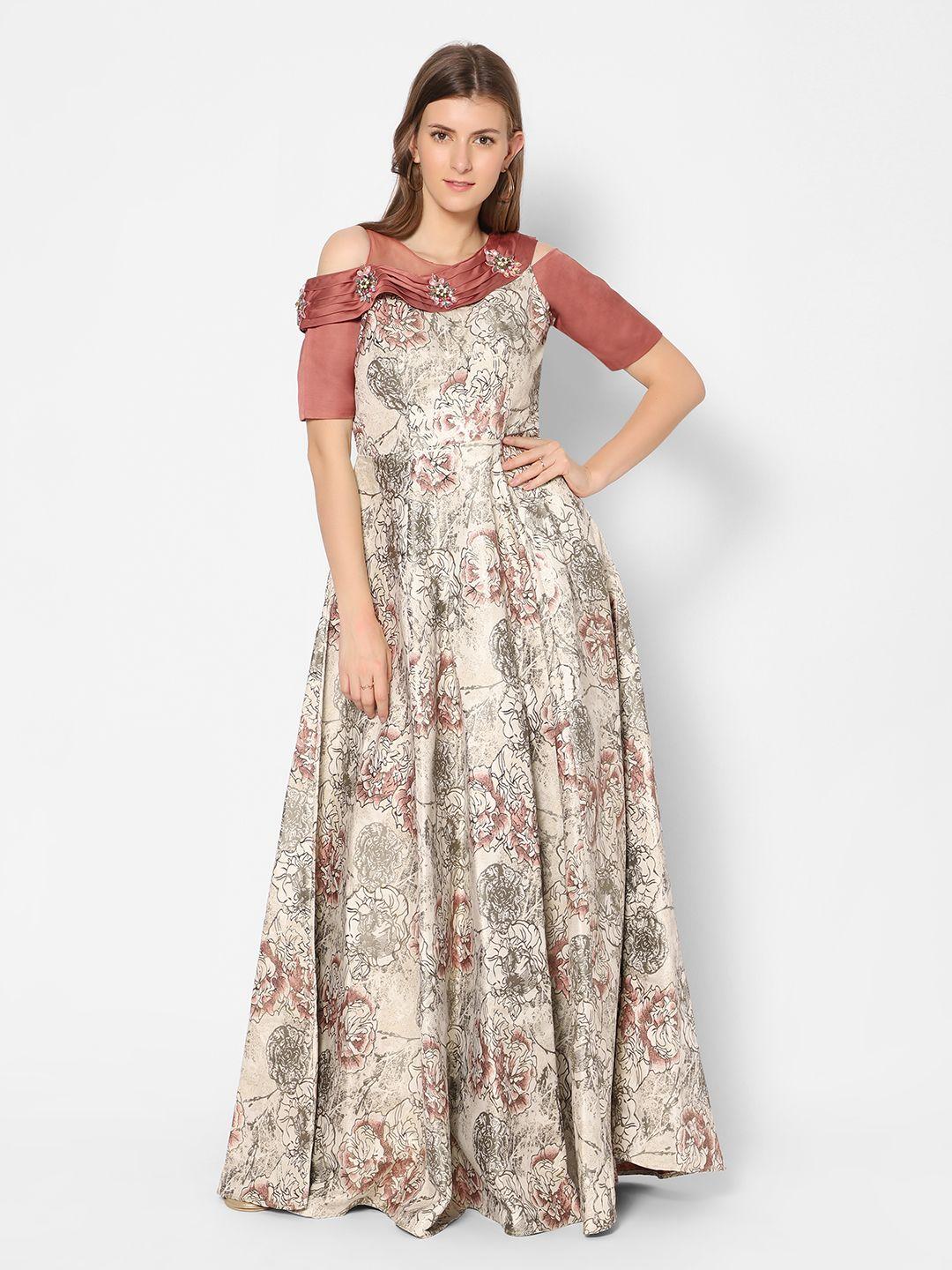 kiya off-white & dusty rose pink floral print ethnic maxi dress