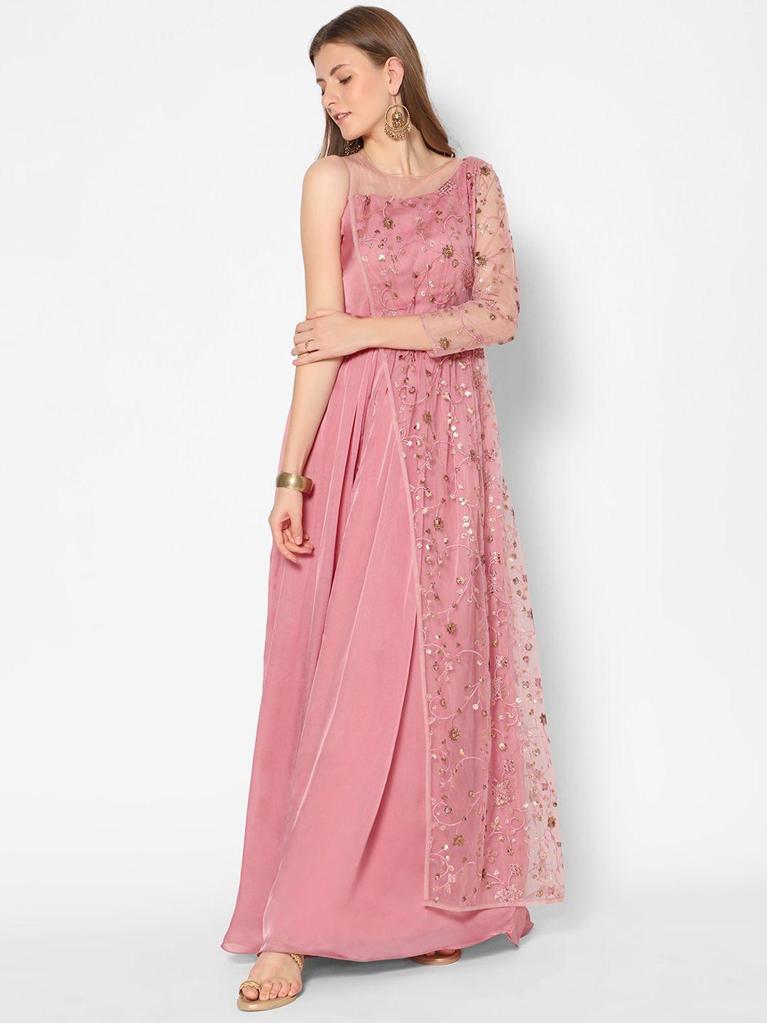 kiya pink & gold-toned embellished embroidered net a-line maxi dress