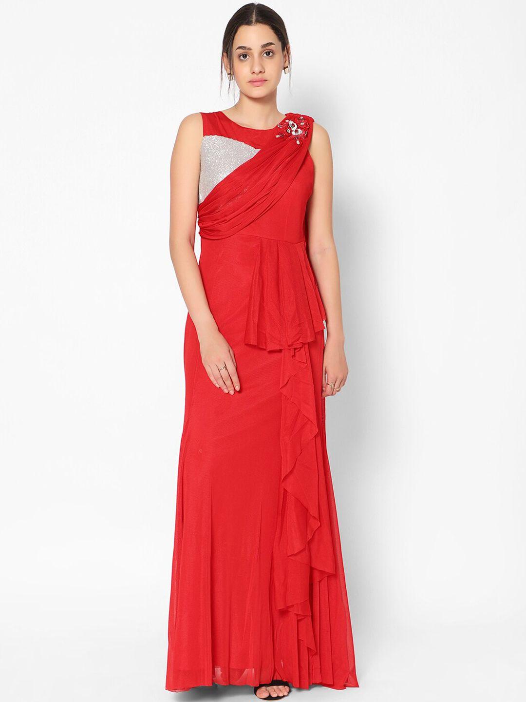 kiya red & silver-toned embellished crepe maxi dress